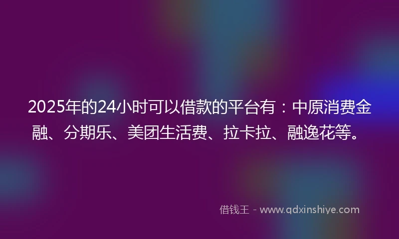 2025年的24小时可以借款的平台有：中原消费金融、分期乐、美团生活费、拉卡拉、融逸花等。