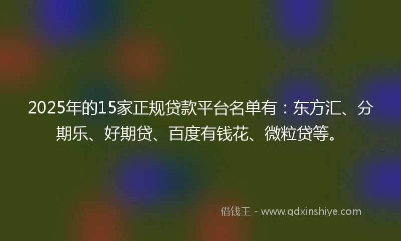 2025年的15家正规贷款平台名单有：东方汇、分期乐、好期贷、百度有钱花、微粒贷等。