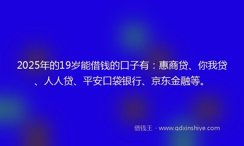 2025年的19岁能借钱的口子有：惠商贷、你我贷、人人贷、平安口袋银行、京东金融等。
