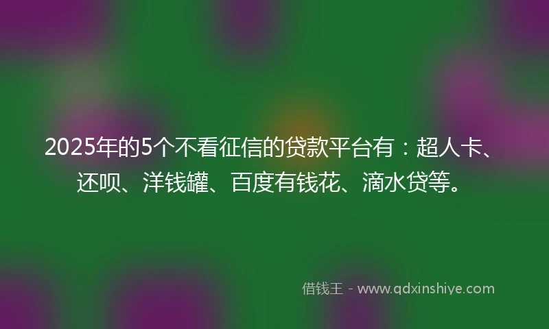 2025年的5个不看征信的贷款平台有：超人卡、还呗、洋钱罐、百度有钱花、滴水贷等。