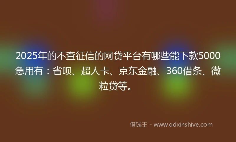 2025年的不查征信的网贷平台有哪些能下款5000急用有：省呗、超人卡、京东金融、360借条、微粒贷等。