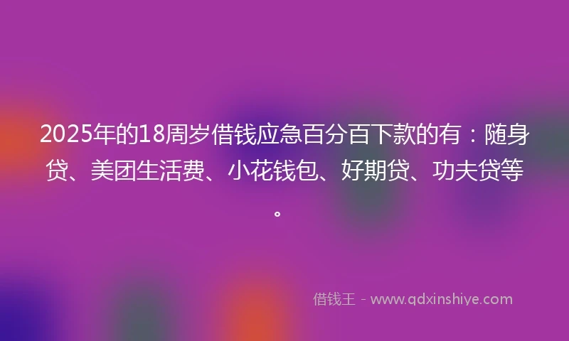 2025年的18周岁借钱应急百分百下款的有：随身贷、美团生活费、小花钱包、好期贷、功夫贷等。