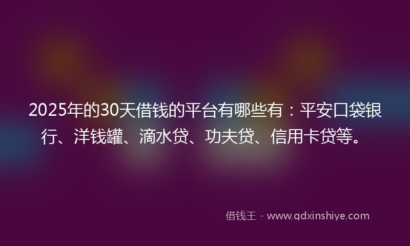 2025年的30天借钱的平台有哪些有：平安口袋银行、洋钱罐、滴水贷、功夫贷、信用卡贷等。
