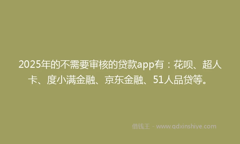 2025年的不需要审核的贷款app有：花呗、超人卡、度小满金融、京东金融、51人品贷等。