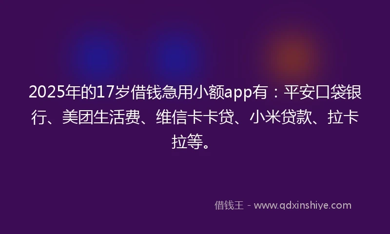 2025年的17岁借钱急用小额app有：平安口袋银行、美团生活费、维信卡卡贷、小米贷款、拉卡拉等。