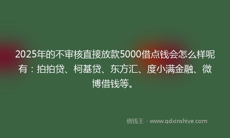 2025年的不审核直接放款5000借点钱会怎么样呢有：拍拍贷、柯基贷、东方汇、度小满金融、微博借钱等。