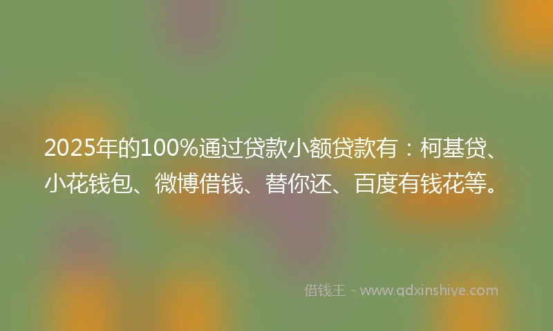 2025年的100%通过贷款小额贷款有：柯基贷、小花钱包、微博借钱、替你还、百度有钱花等。