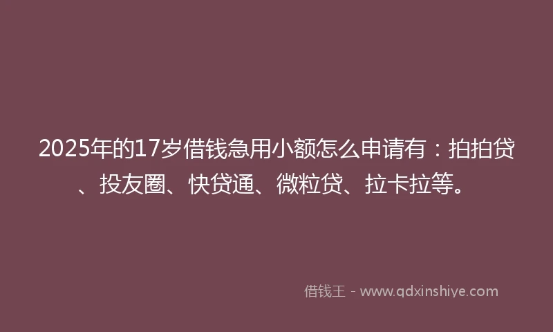 2025年的17岁借钱急用小额怎么申请有：拍拍贷、投友圈、快贷通、微粒贷、拉卡拉等。
