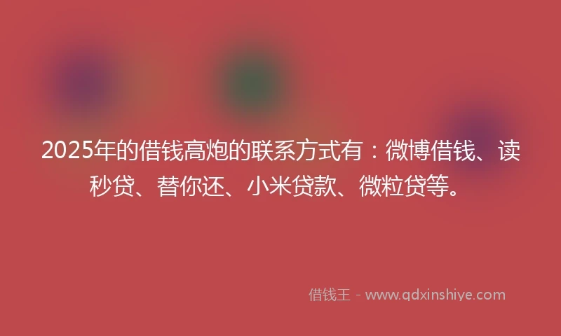 2025年的借钱高炮的联系方式有：微博借钱、读秒贷、替你还、小米贷款、微粒贷等。