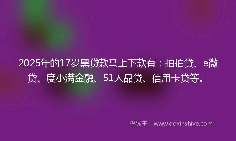 2025年的17岁黑贷款马上下款有：拍拍贷、e微贷、度小满金融、51人品贷、信用卡贷等。