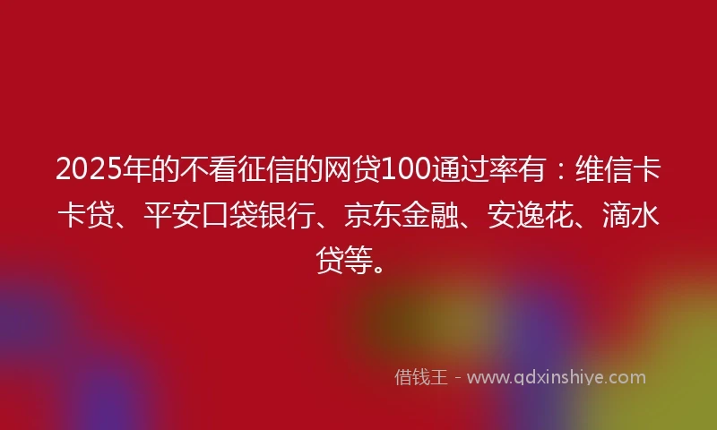 2025年的不看征信的网贷100通过率有：维信卡卡贷、平安口袋银行、京东金融、安逸花、滴水贷等。