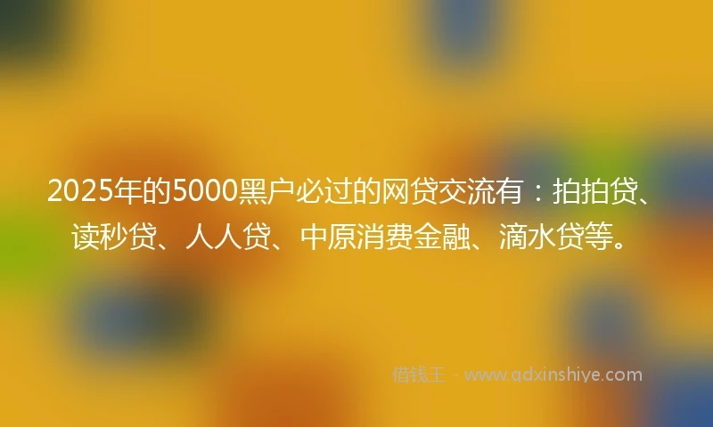 2025年的5000黑户必过的网贷交流有：拍拍贷、读秒贷、人人贷、中原消费金融、滴水贷等。