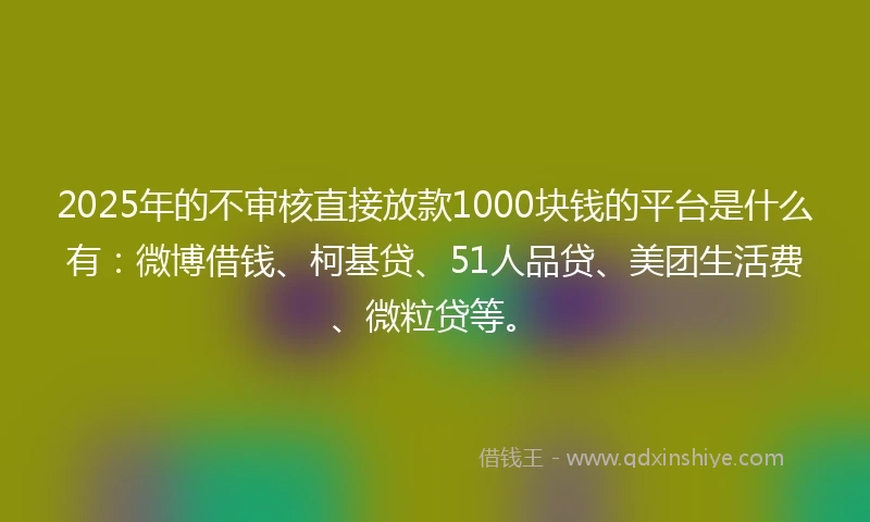 2025年的不审核直接放款1000块钱的平台是什么有：微博借钱、柯基贷、51人品贷、美团生活费、微粒贷等。