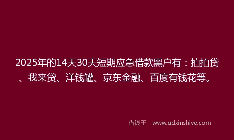 2025年的14天30天短期应急借款黑户有：拍拍贷、我来贷、洋钱罐、京东金融、百度有钱花等。