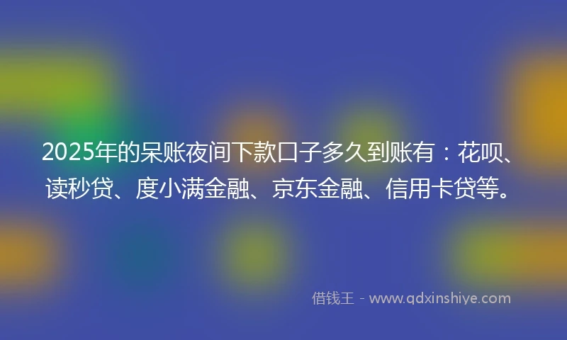 2025年的呆账夜间下款口子多久到账有：花呗、读秒贷、度小满金融、京东金融、信用卡贷等。