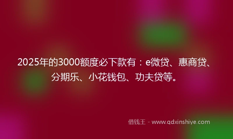 2025年的3000额度必下款有：e微贷、惠商贷、分期乐、小花钱包、功夫贷等。