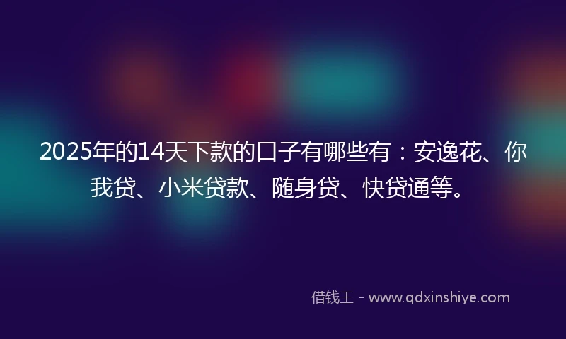2025年的14天下款的口子有哪些有：安逸花、你我贷、小米贷款、随身贷、快贷通等。