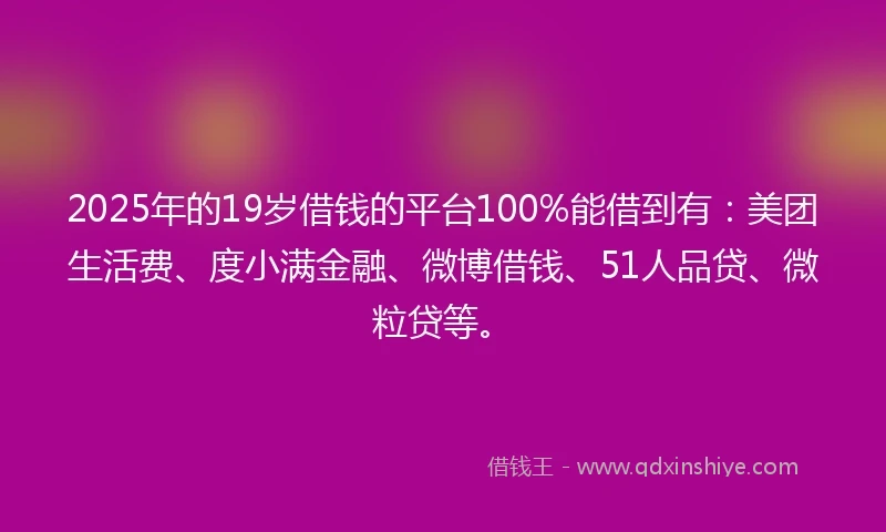 2025年的19岁借钱的平台100%能借到有：美团生活费、度小满金融、微博借钱、51人品贷、微粒贷等。