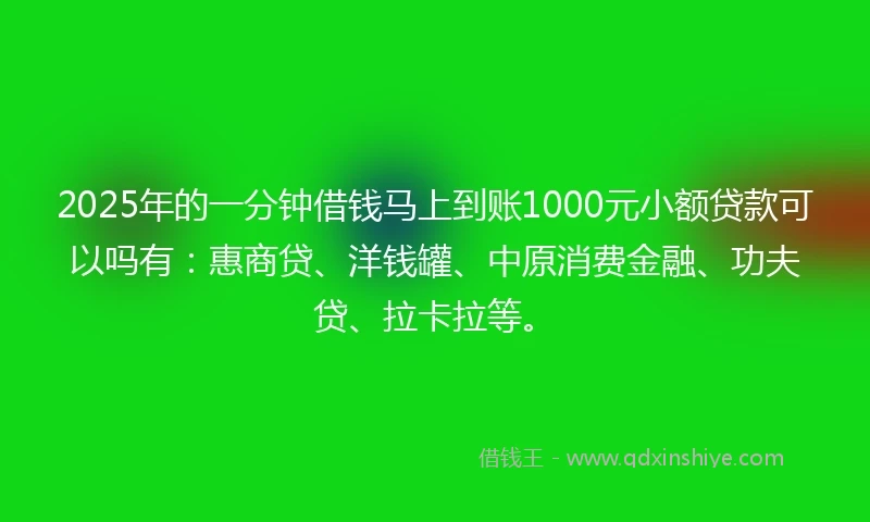 2025年的一分钟借钱马上到账1000元小额贷款可以吗有：惠商贷、洋钱罐、中原消费金融、功夫贷、拉卡拉等。