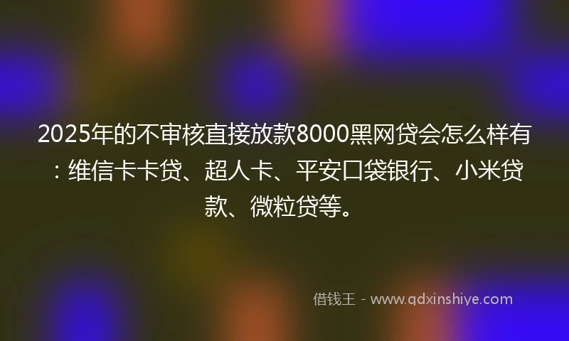 2025年的不审核直接放款8000黑网贷会怎么样有：维信卡卡贷、超人卡、平安口袋银行、小米贷款、微粒贷等。
