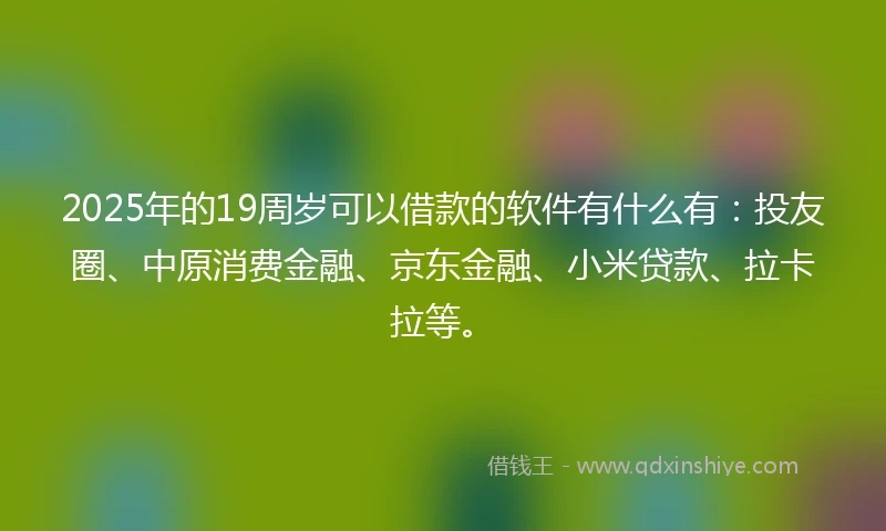 2025年的19周岁可以借款的软件有什么有：投友圈、中原消费金融、京东金融、小米贷款、拉卡拉等。