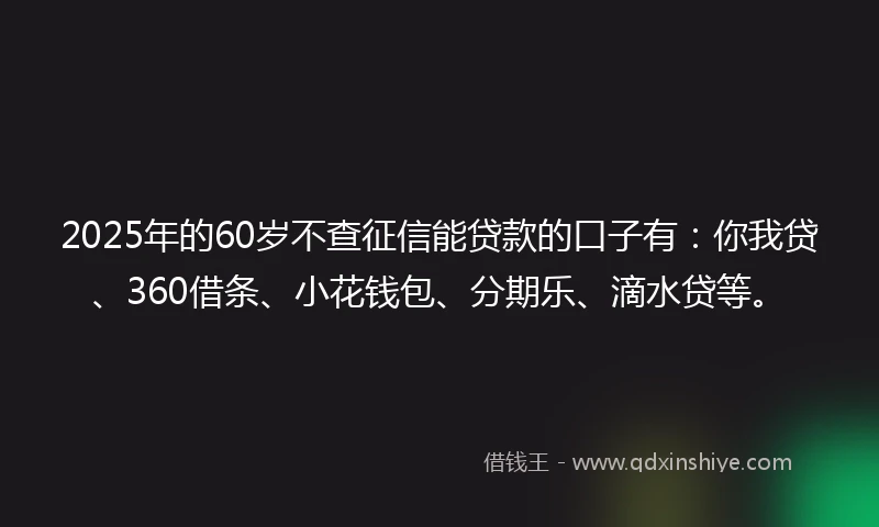 2025年的60岁不查征信能贷款的口子有：你我贷、360借条、小花钱包、分期乐、滴水贷等。