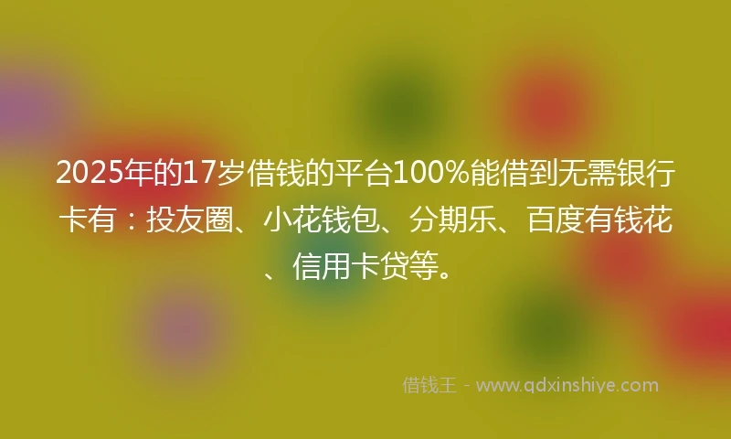 2025年的17岁借钱的平台100%能借到无需银行卡有：投友圈、小花钱包、分期乐、百度有钱花、信用卡贷等。
