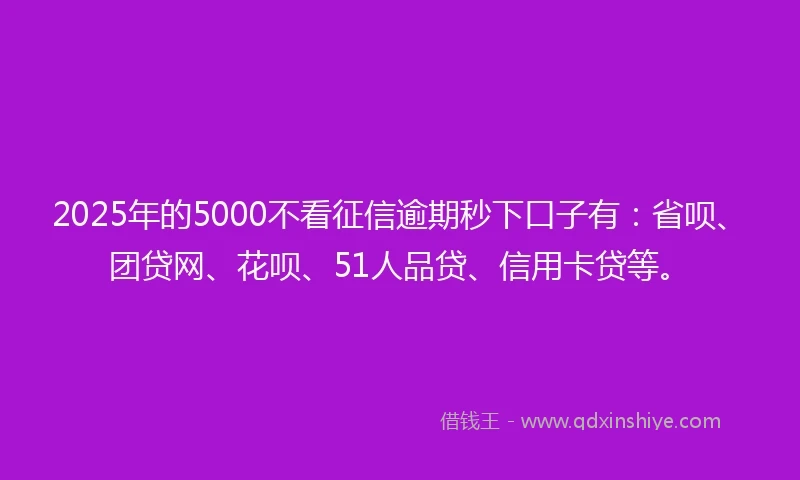 2025年的5000不看征信逾期秒下口子有：省呗、团贷网、花呗、51人品贷、信用卡贷等。