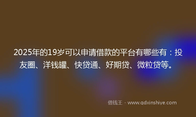 2025年的19岁可以申请借款的平台有哪些有：投友圈、洋钱罐、快贷通、好期贷、微粒贷等。