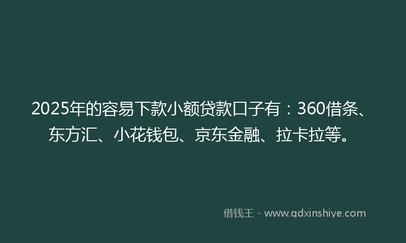 2025年的容易下款小额贷款口子有：360借条、东方汇、小花钱包、京东金融、拉卡拉等。