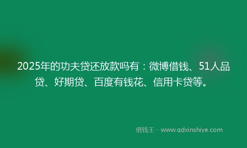 2025年的功夫贷还放款吗有：微博借钱、51人品贷、好期贷、百度有钱花、信用卡贷等。