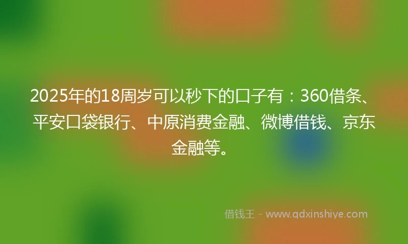 2025年的18周岁可以秒下的口子有：360借条、平安口袋银行、中原消费金融、微博借钱、京东金融等。