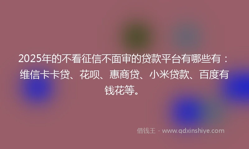 2025年的不看征信不面审的贷款平台有哪些有：维信卡卡贷、花呗、惠商贷、小米贷款、百度有钱花等。