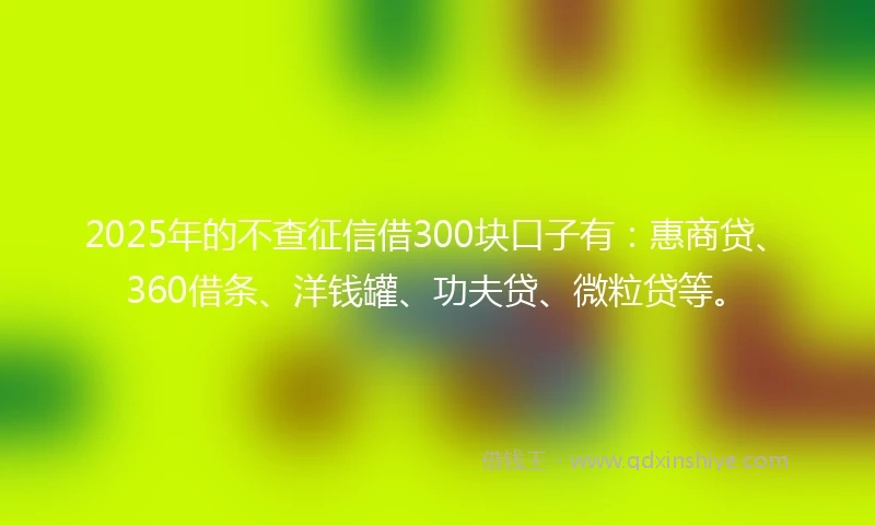 2025年的不查征信借300块口子有：惠商贷、360借条、洋钱罐、功夫贷、微粒贷等。