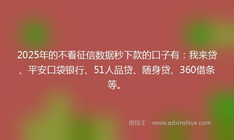 2025年的不看征信数据秒下款的口子有：我来贷、平安口袋银行、51人品贷、随身贷、360借条等。