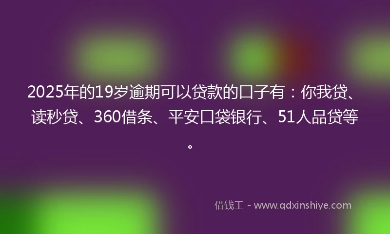 2025年的19岁逾期可以贷款的口子有：你我贷、读秒贷、360借条、平安口袋银行、51人品贷等。