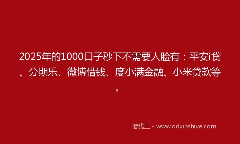 2025年的1000口子秒下不需要人脸有：平安i贷、分期乐、微博借钱、度小满金融、小米贷款等。