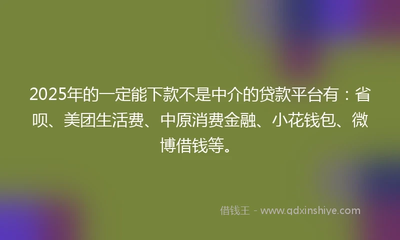 2025年的一定能下款不是中介的贷款平台有：省呗、美团生活费、中原消费金融、小花钱包、微博借钱等。