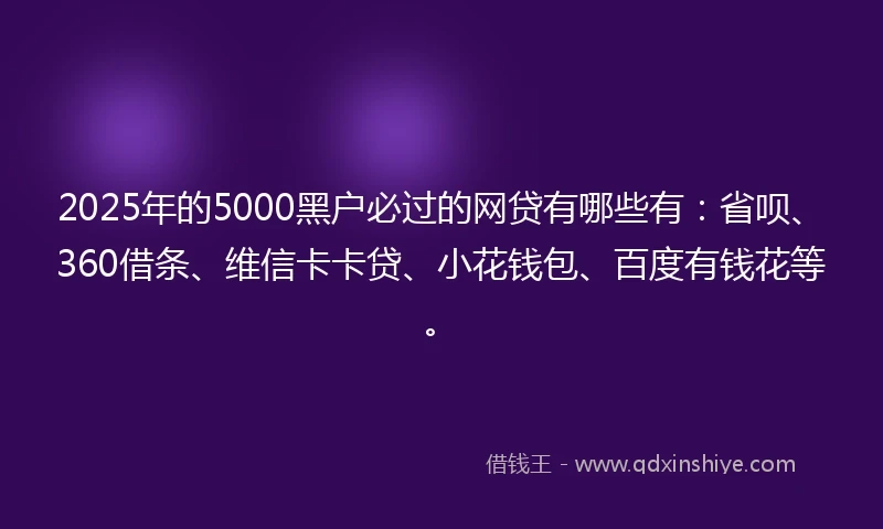 2025年的5000黑户必过的网贷有哪些有：省呗、360借条、维信卡卡贷、小花钱包、百度有钱花等。