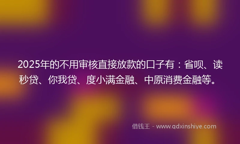 2025年的不用审核直接放款的口子有：省呗、读秒贷、你我贷、度小满金融、中原消费金融等。