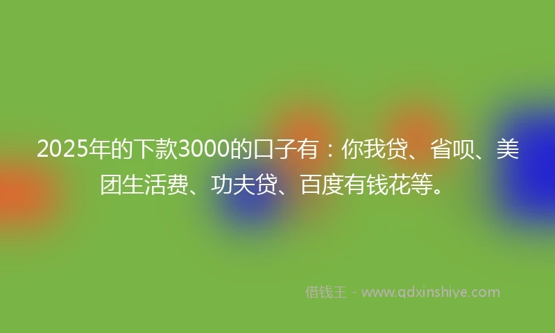 2025年的下款3000的口子有：你我贷、省呗、美团生活费、功夫贷、百度有钱花等。