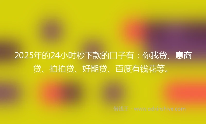2025年的24小时秒下款的口子有：你我贷、惠商贷、拍拍贷、好期贷、百度有钱花等。