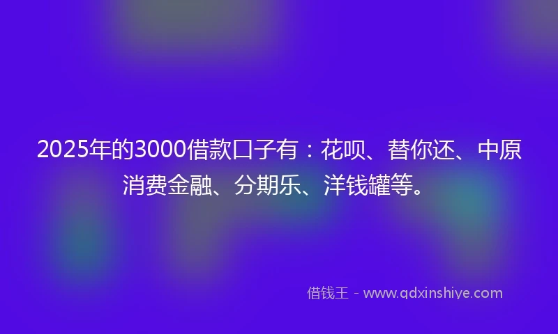 2025年的3000借款口子有：花呗、替你还、中原消费金融、分期乐、洋钱罐等。