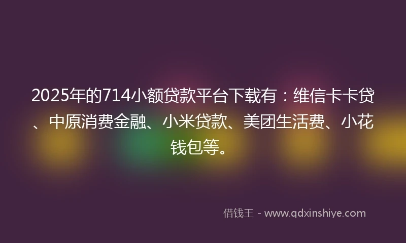 2025年的714小额贷款平台下载有：维信卡卡贷、中原消费金融、小米贷款、美团生活费、小花钱包等。