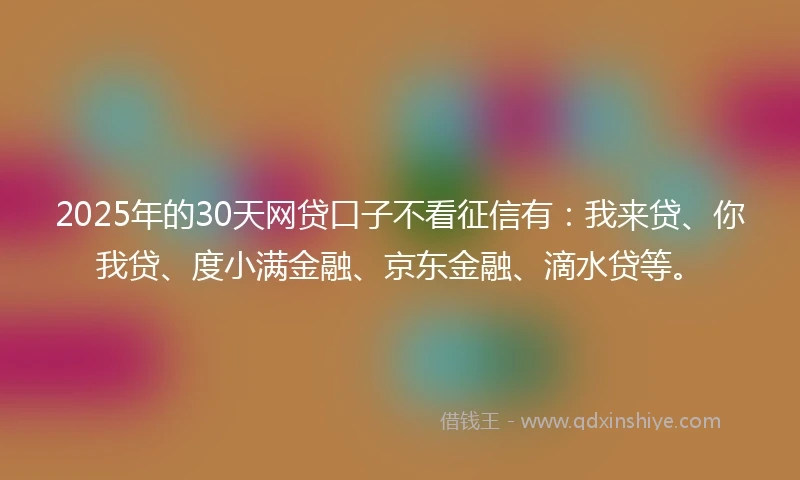 2025年的30天网贷口子不看征信有：我来贷、你我贷、度小满金融、京东金融、滴水贷等。