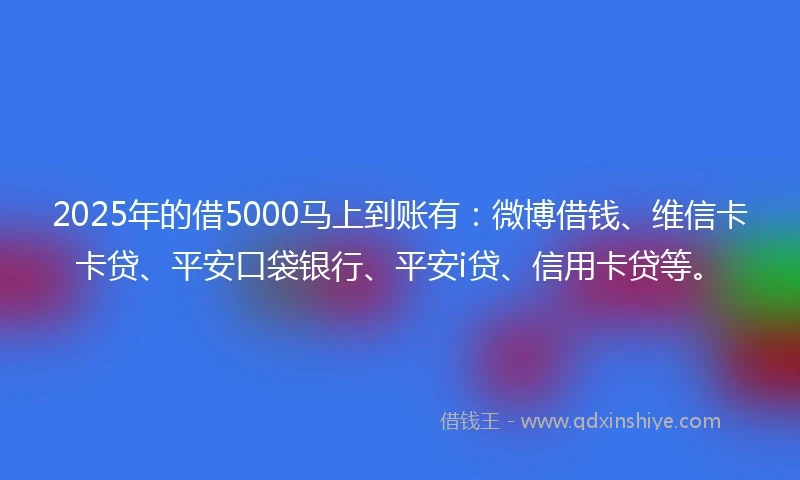 2025年的借5000马上到账有：微博借钱、维信卡卡贷、平安口袋银行、平安i贷、信用卡贷等。