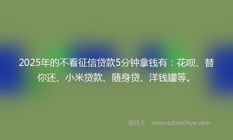 2025年的不看征信贷款5分钟拿钱有：花呗、替你还、小米贷款、随身贷、洋钱罐等。