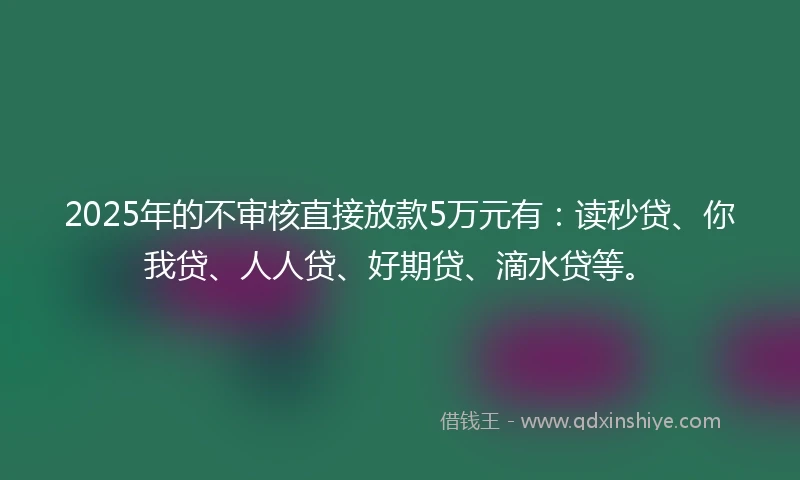 2025年的不审核直接放款5万元有：读秒贷、你我贷、人人贷、好期贷、滴水贷等。