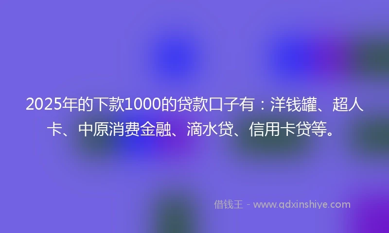 2025年的下款1000的贷款口子有：洋钱罐、超人卡、中原消费金融、滴水贷、信用卡贷等。