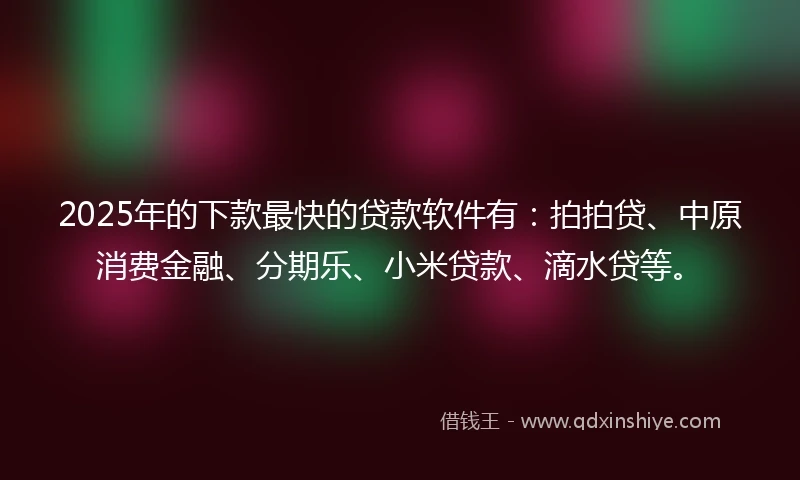 2025年的下款最快的贷款软件有：拍拍贷、中原消费金融、分期乐、小米贷款、滴水贷等。